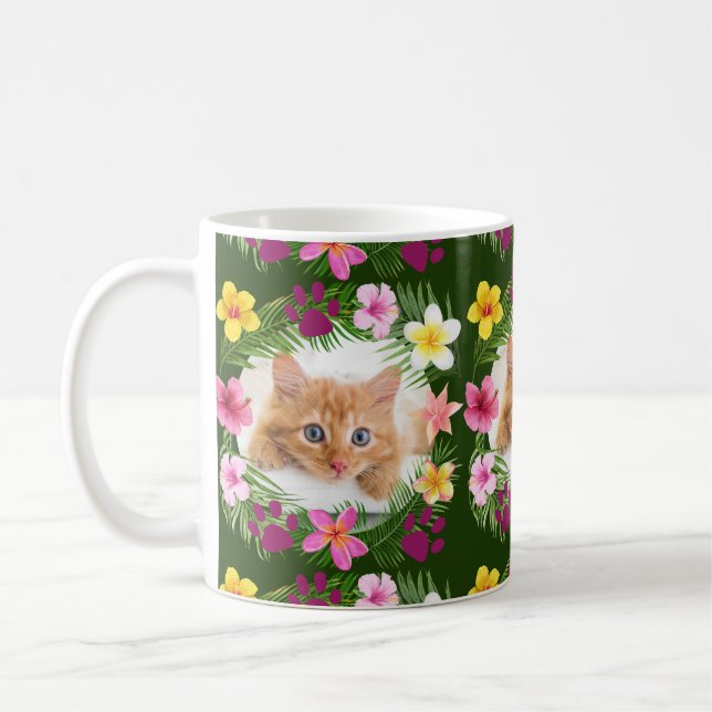 Taza De Café Personalizado Gracioso Gato Foto Verde Tropical Ha (Izquierda)