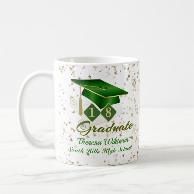 Taza De Café Personalizado Green Gold Graduation Stars 20XX (Izquierda)