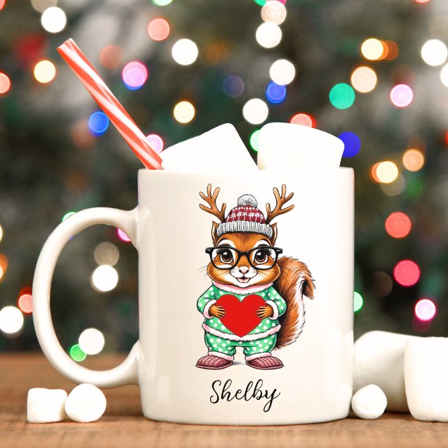 Taza De Café Personalizado Holiday Mug Navidades de ardilla (Cute reindeer squirrel with Christmas personalized mug. )