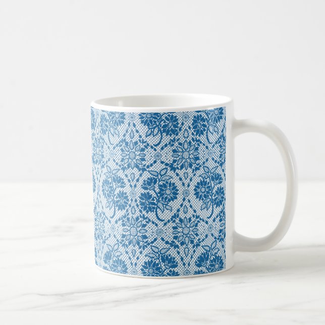 Taza De Café Personalizado Indigo Azul Floral Faux Lace Pattern (Derecha)