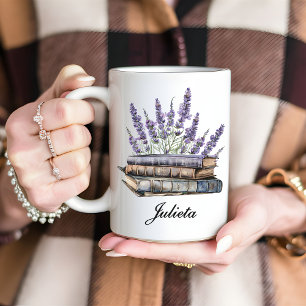 Taza De Café Personalizado Lavender Floral Book Mug, regalo de 