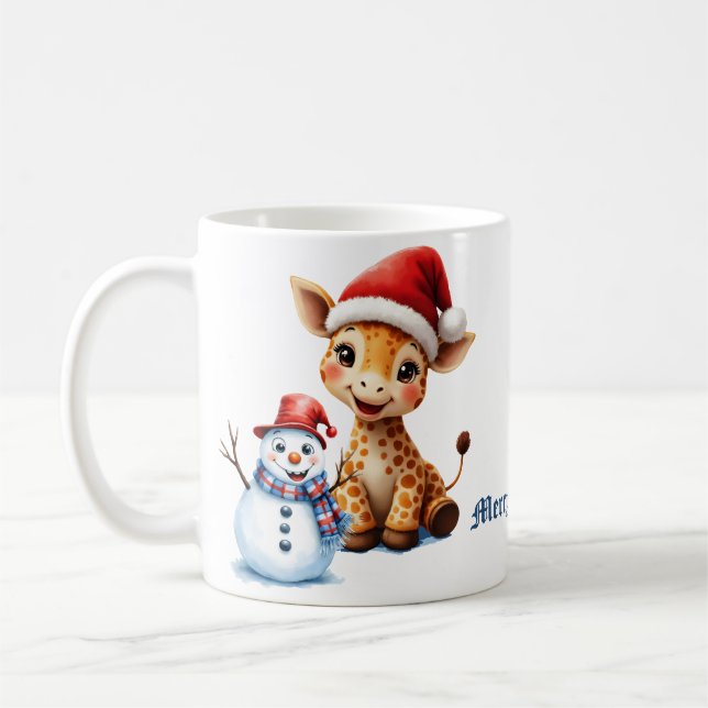 Taza De Café Personalizado lindo Giraffe con Santa Hat y Snowma (Izquierda)