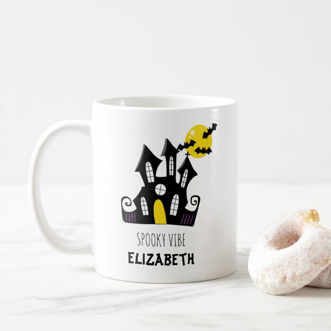 Taza De Café Personalizado Mensajes de texto Halloween Spooky C (Con donut)