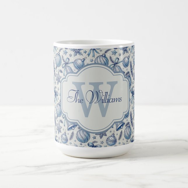 Taza De Café Personalizado Monograma Blue Toile Ornamentos de N (Centro)