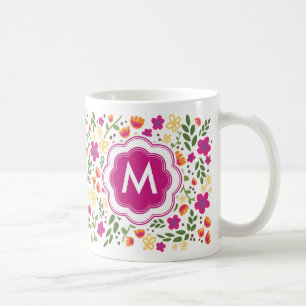 Taza De Café Personalizado Monograma Bonito Colorful Girly Flor