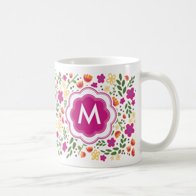 Taza De Café Personalizado Monograma Bonito Colorful Girly Flor (Derecha)