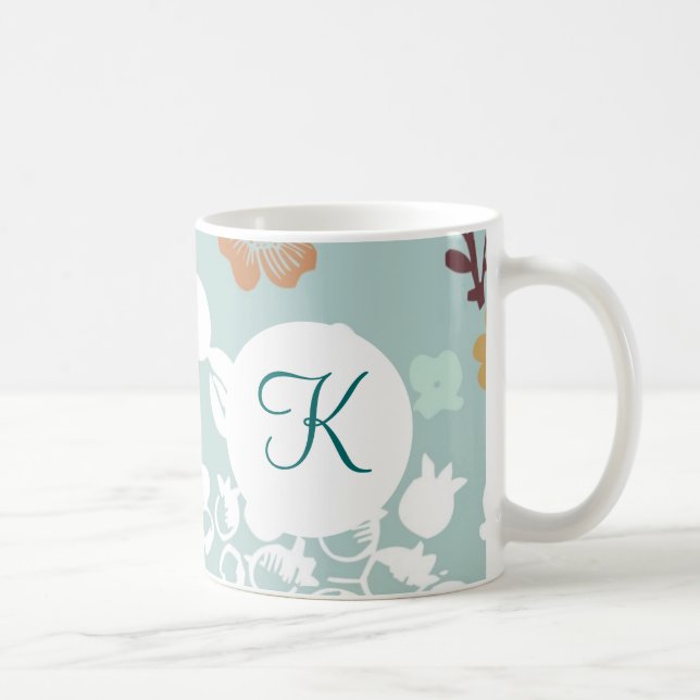 Taza De Café Personalizado Monograma Café Imprimido Flores azul (Derecha)