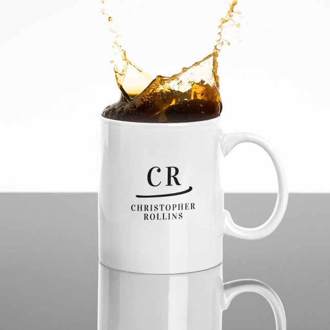 Taza De Café Personalizado Monograma Elegante Mínimo Blanco y N (Stylish custom coffee mug for coffee lovers. )