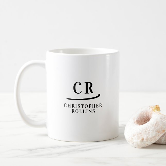 Taza De Café Personalizado Monograma Elegante Mínimo Blanco y N (Con donut)