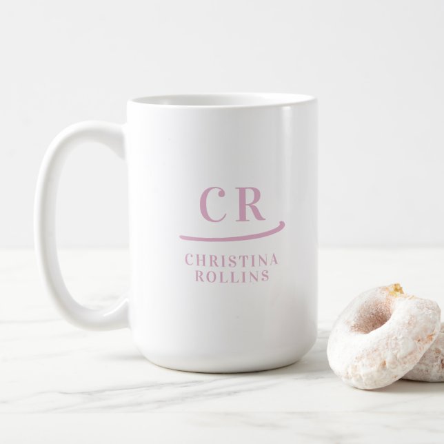 Taza De Café Personalizado Monograma Elegante Mínimo Rosa y Bla (Con donut)