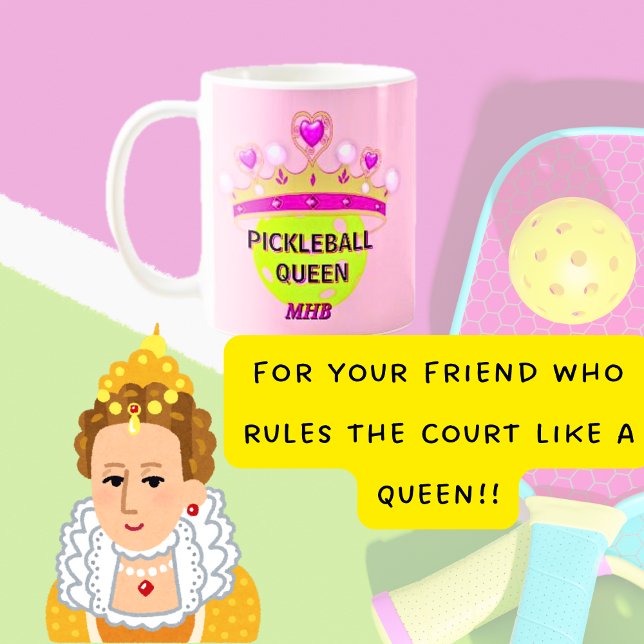 Taza De Café Personalizado Monograma Iniciales Reina del balonc (Funny Pickleball Queen Monogram Custom Coffee Mug)
