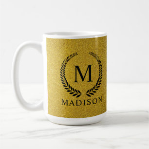 Taza De Café Personalizado Monograma Negro y Dorado con Brillo