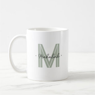 Taza De Café Personalizado Monograma Nombre de guión Sage Verde