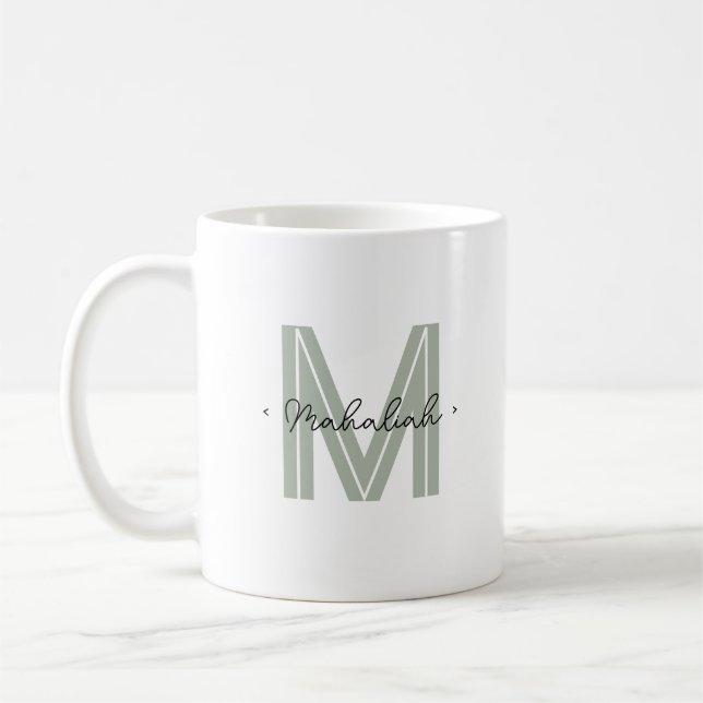 Taza De Café Personalizado Monograma Nombre de guión Sage Verde (Izquierda)