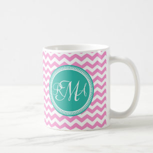 Taza De Café Personalizado Monogramado Rosa y Verde azulado Che