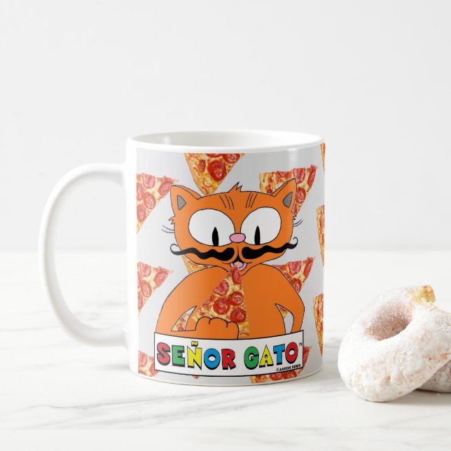 Taza De Café Personalizado Mustache Cat Senor Gato Eating Pizza (Con donut)