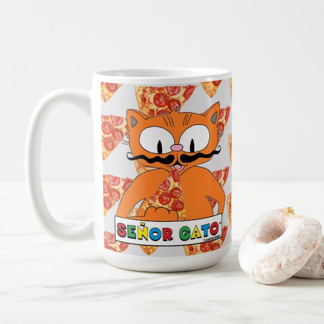 Taza De Café Personalizado Mustache Cat Señor Gato Pizza Amante (Con donut)