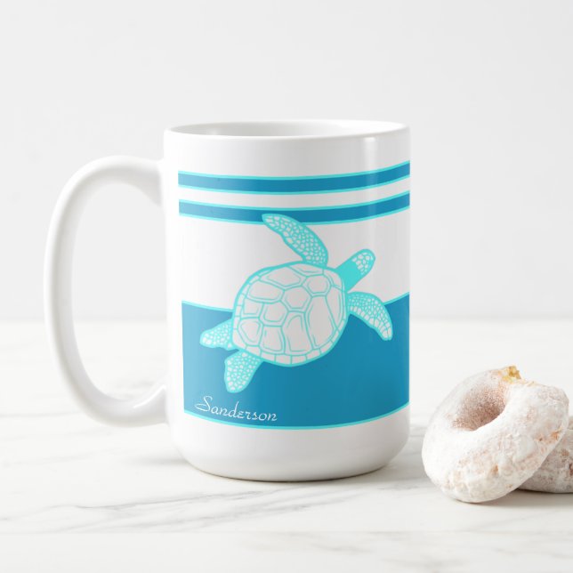 Taza De Café Personalizado Nautical Coastal Sea Turtle Azul Bla (Con donut)