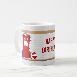 Taza De Café Personalizado Netball Uniforme rojo con azul y bla