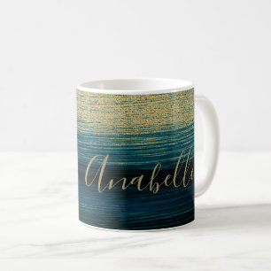 Taza De Café Personalizado nombre manuscrito oro brillo azul ma