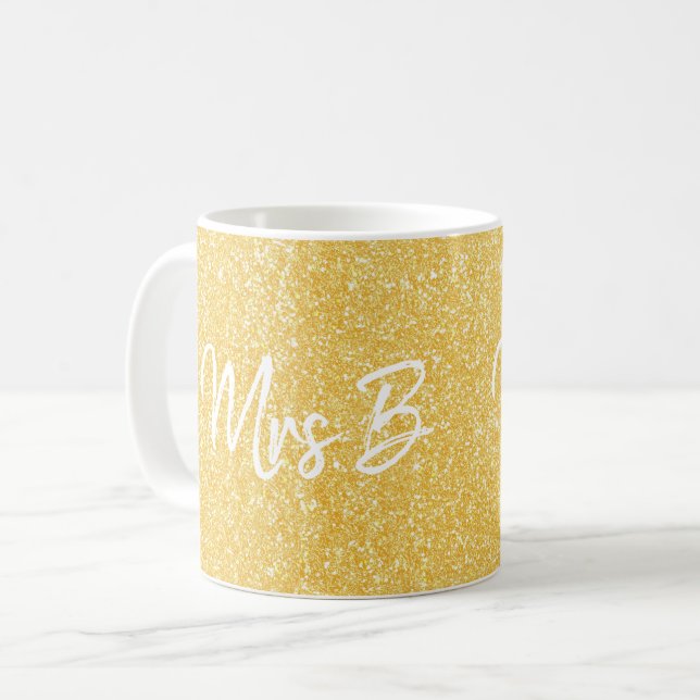 Taza De Café Personalizado Oro Amarillo Sra. Purpurina inicial (Anverso izquierdo)