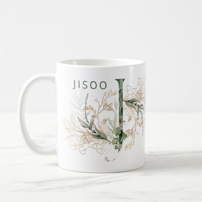 Taza De Café Personalizado Oro Eucalipto Botánico Monograma "J" (Izquierda)