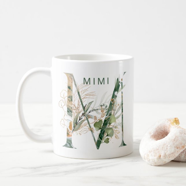 Taza De Café Personalizado Oro Eucalipto Botánico Monograma "M" (Con donut)