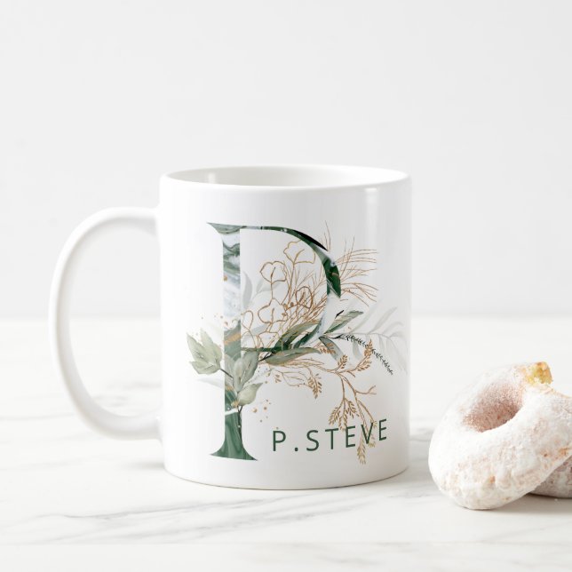 Taza De Café Personalizado Oro Eucalipto Botánico Monograma "P" (Con donut)