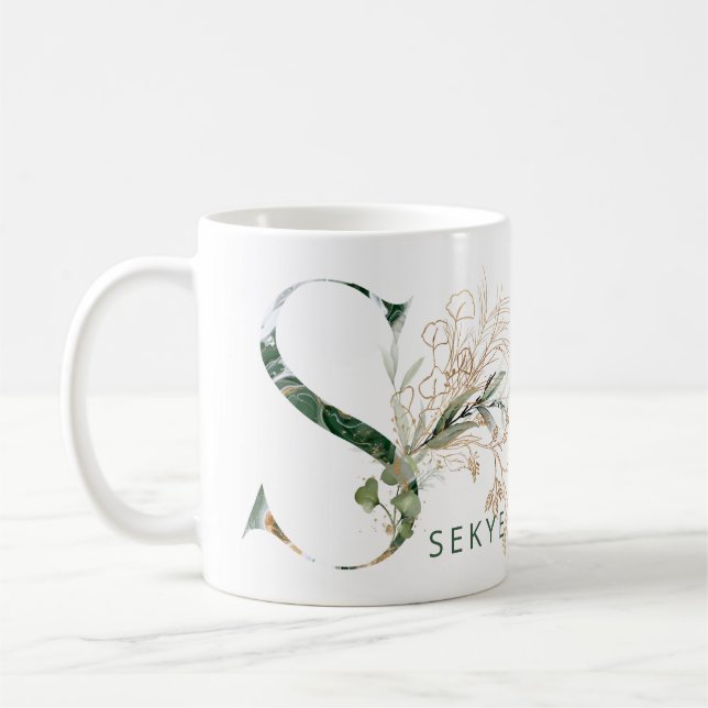Taza De Café Personalizado Oro Eucalipto Botánico Monograma "S" (Izquierda)