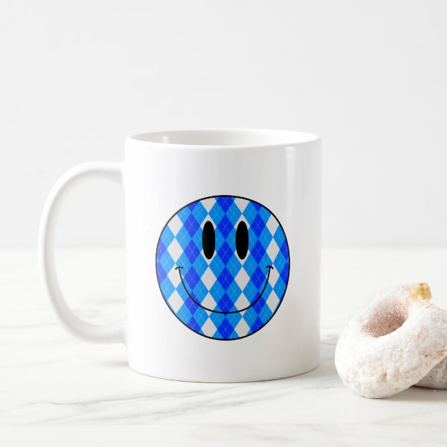 Taza De Café Personalizado Patrón Argyle Sonriente Café Mug (Con donut)