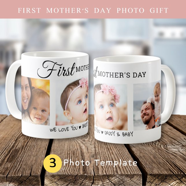 Taza De Café Personalizado Primer Día de la Madre 3 Collage de  (Custom First Mother’s Day 3 Photo Collage New Mom Coffee Mug)