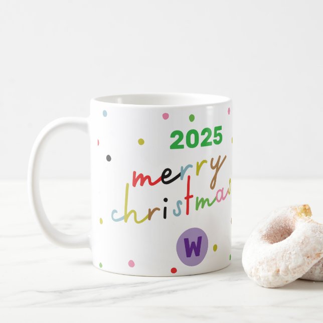 Taza De Café personalizado retro TEXT polka dot MERRY CHRISTMAS (Con donut)