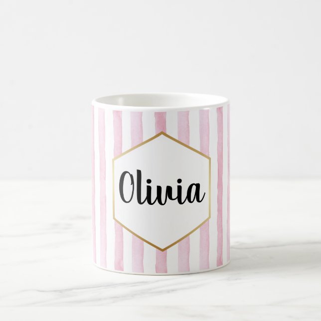 Taza De Café Personalizado Rosa y Blanco Rayado (Centro)