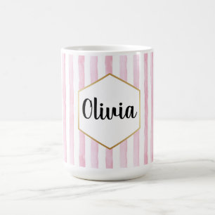 Taza De Café Personalizado Rosa y Blanco Rayado