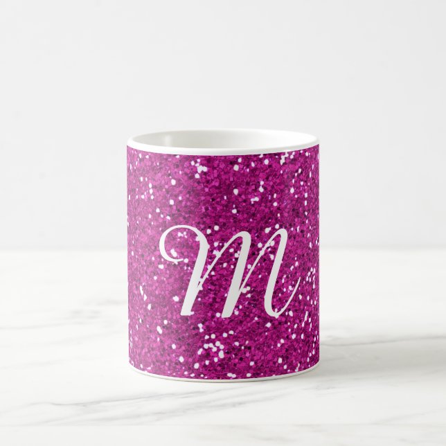 Taza De Café Personalizado rosado del purpurina con monograma (Centro)