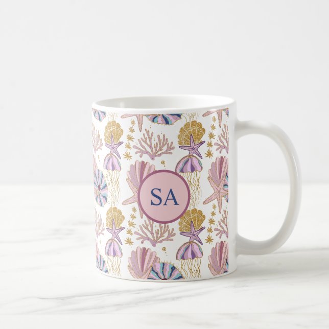 Taza De Café Personalizado Starfish Seashell Azul morado rosa N (Derecha)