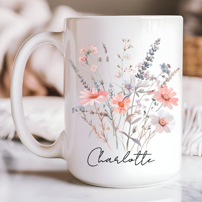 Taza De Café Personalizado Wildflowers Mug, regalo para ella y  (gift for girls, mug for her, floral birthday gift, floral Mother’s Day gift, custom name mug)