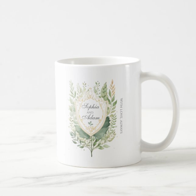 Taza De Café Personalizar Boda Rústico Escudo de la vegetación (Derecha)