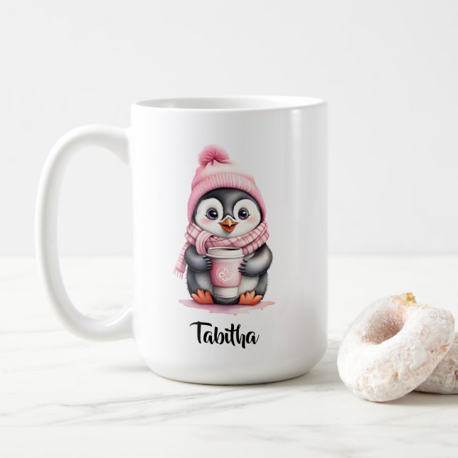 Taza De Café Personalizar Navidades de pingüino rosado (Con donut)