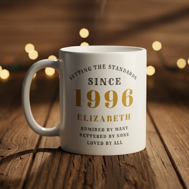 Taza De Café Personalized 30th Birthday 1996 Add Name Elegant (Born 1996 birthday gift mug on a woof floor. Blurred background.)