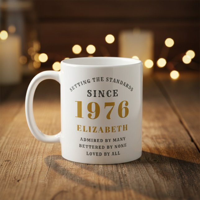 Taza De Café Personalized 50th Birthday 1976 Add Name Elegant (Born 1976 birthday gift mug. Background out of focus.)