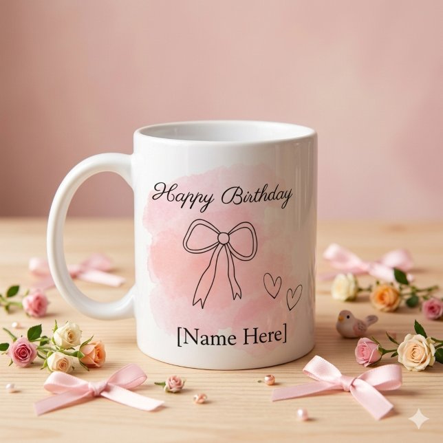Taza De Café Personalized Birthday Pink Coquette Bow Mug (Aesthetic birthday coquette mug with pink watercolor, line art bow, and customizable text)