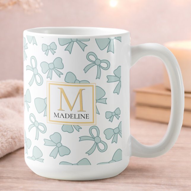 Taza De Café Personalized Blue Bow Girl Cute Gold Monogram Name (Subido por el creador)