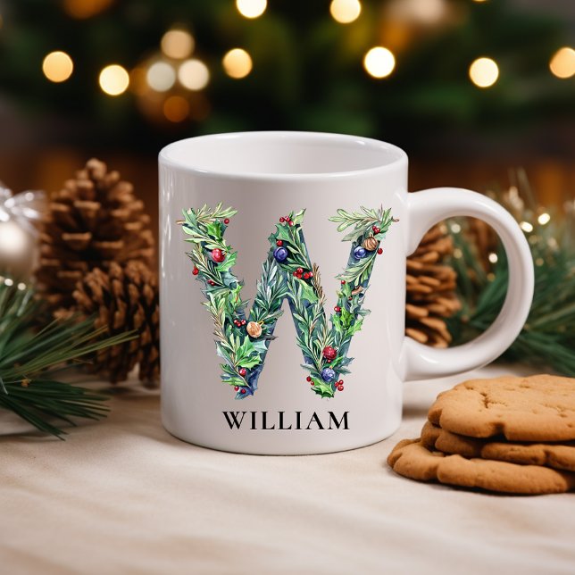 Taza De Café Personalized Botanical Christmas Monogram Letter W (Personalized Botanical Christmas Monogram Letter W Coffee Mug)
