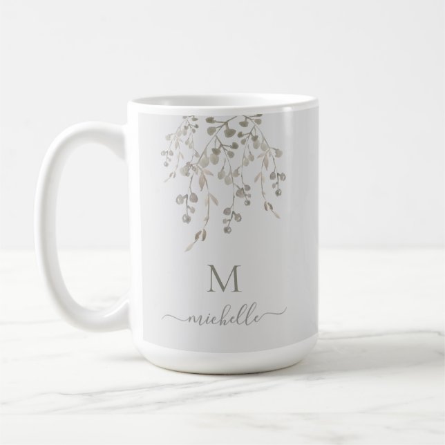 Taza De Café Personalized Botanical Watercolor Monogram Gray (Izquierda)