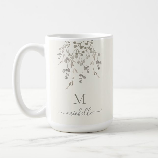 Taza De Café Personalized Botanical Watercolor Monogram Ivory (Izquierda)