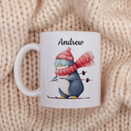 Taza De Café Personalized Christmas Mug With A Skiing Penguin