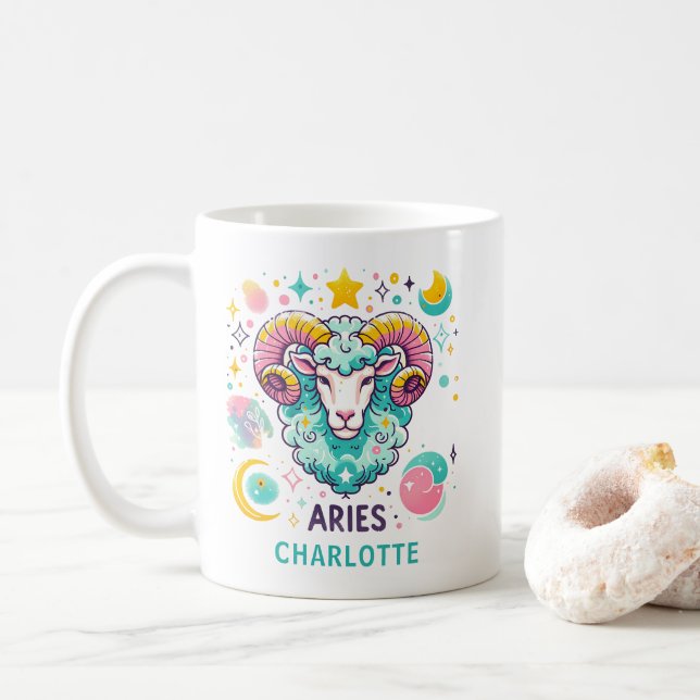 Taza De Café Personalized Colorful Aries Zodiac Astrology Sign (Con donut)