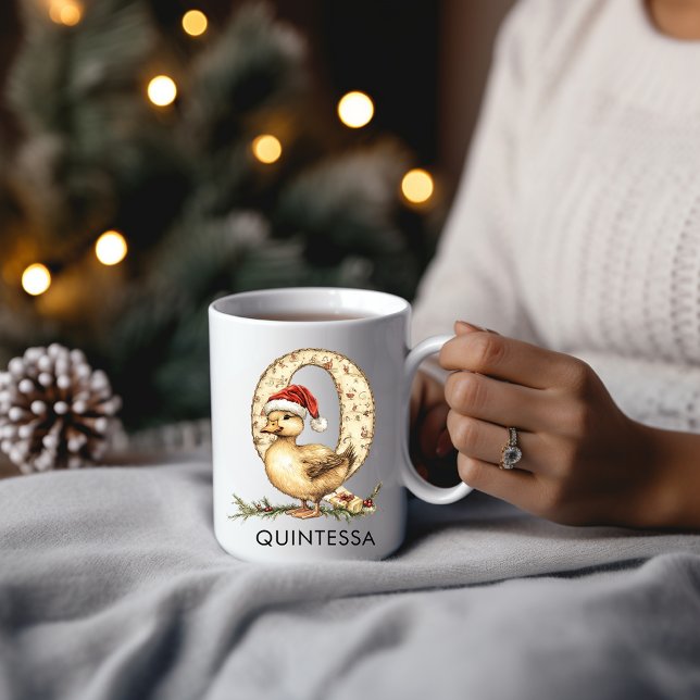 Taza De Café Personalized Cute Baby Duck in Santa Hat Letter Q (Personalized Cute Baby Duck in Santa Hat Letter Q Coffee Mug)