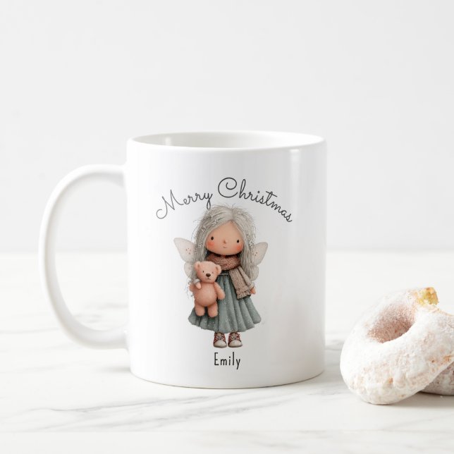 Taza De Café Personalized Cute Christmas Fairy Girl and Teddy   (Con donut)